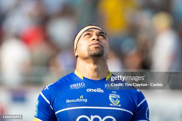 August 3: Sitaleki Akauola of Warrington Wolves before the Catalans Dragons V Warrington Wolves, Betfred Super League regular season match at Stade...