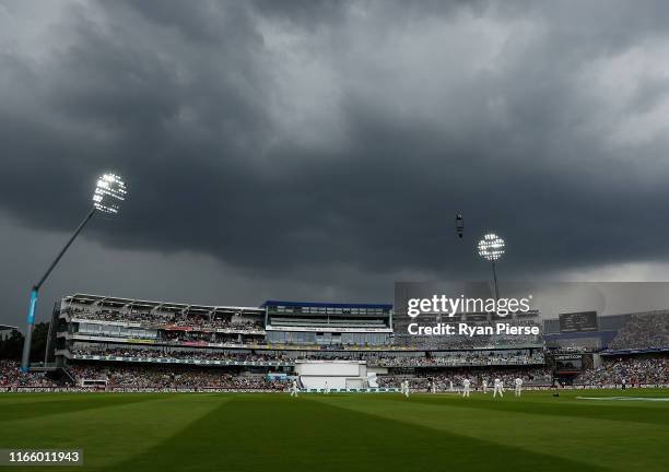 General view of rain clouds over the stadium during day three of the 1st Specsavers Ashes Test between England and Australia at Edgbaston on August...