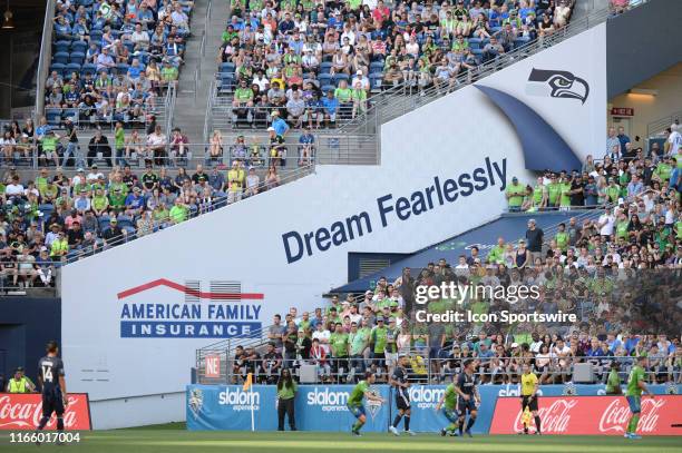 An advertisement for major sponsor American Family Insurance inside the CLINK during an MLS match on September 1 at Century Link Field in Seattle, WA.