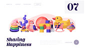 Men and Women Gaming Activity Website Landing Page. Characters Playing with Baby Toys in Kindergarten Different Playthings for Children, Childhood Web Page Banner. Cartoon Flat Vector Illustration