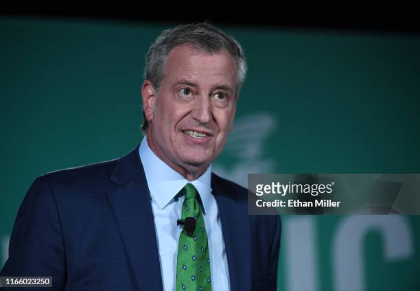 Democratic presidential candidate and New York City Mayor Bill de Blasio speaks during the 2020 Public Service Forum hosted by the American...