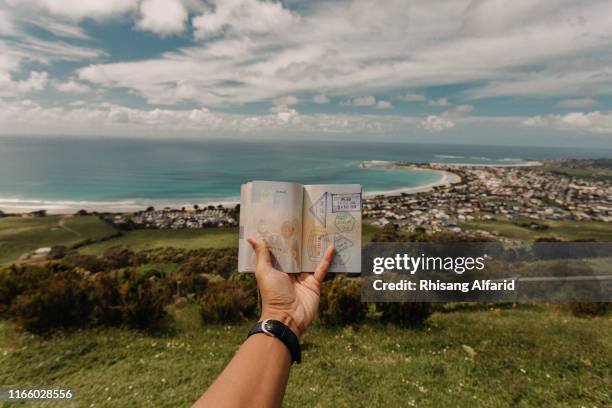 close-up hand holding passport against beach - paspoort stockfoto's en -beelden