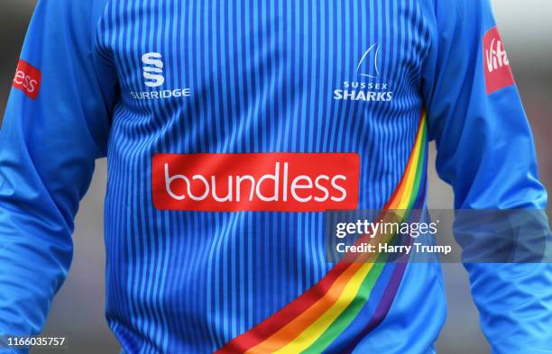 Detailed view of the Sussex shirt to mark Rainbow Day during the Vitality Blast match between Gloucestershire and Sussex Sharks at Bristol County...