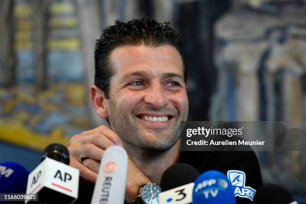 French hoverboard star Franky Zapata, answers journalists during a press conference after he succeded to cross the Channel from France to England...