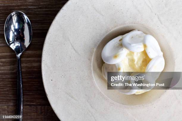 White Heaven dessert - Lychee Gelatine, Soursop sorbet, Soursop foam, Merengue, Gold dust and White Chocolate at Seven Reasons photographed in...