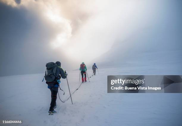 climbers on a snowy slope - people climbing walking mountain group stockfoto's en -beelden