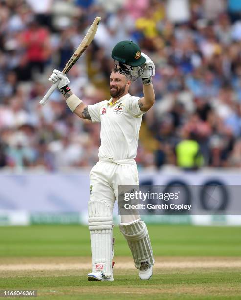 Matthew Wade of Australia celebrates reaching his century during day four of the 1st Specsavers Ashes Test between England and Australia at Edgbaston...