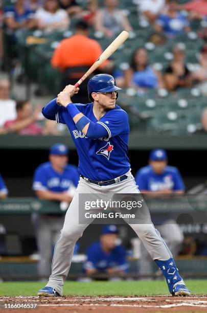 Danny Jansen of the Toronto Blue Jays bats against the Baltimore Orioles at Oriole Park at Camden Yards on August 1, 2019 in Baltimore, Maryland.