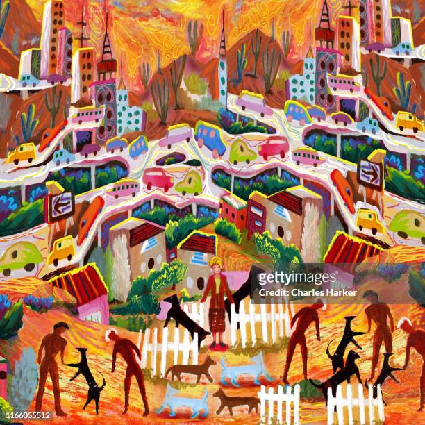 busy rustic city scene in fantasy desert landscape digital painting illustration - phoenix arizona neighborhood stock pictures, royalty-free photos & images