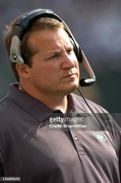 New York Jets head coach Eric Mangini watches his team take on the Indianapolis Colts at Giants Stadium, East Rutherford, New Jersey, October 1,...