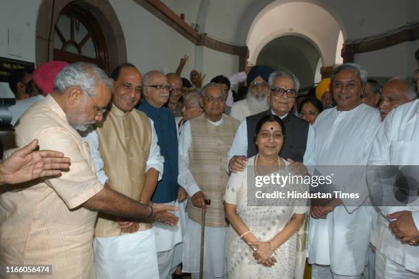 Independent Presidential candidate Bhairon Singh Shekhawat with former Indian Prime Minister Atal Bihari Vajpayee , BJP leaders L K Advani, Shushma...