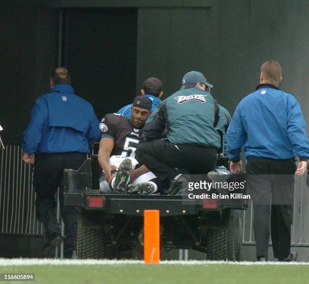 Philadelphia Eagles quarterback Donovan McNabb is carted off the field after sustaining a leg injury against the Tennessee Titans at Lincoln...