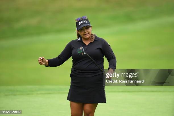 Lizette Salas of the United States of America celebrates a birdie on the 15th green during Day Four of the AIG Women's British Open at Woburn Golf...