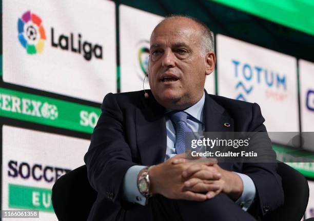 Javier Tebas President of La Liga talks during Day 1 of Soccerex Europe Convention at Tagus Park on September 5, 2019 in Lisbon, Portugal.