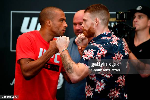 Edson Barboza of Brazil and Paul Felder face off during the UFC 242 Ultimate Media Day at the Yas Hotel on September 5, 2019 in Abu Dhabi, United...