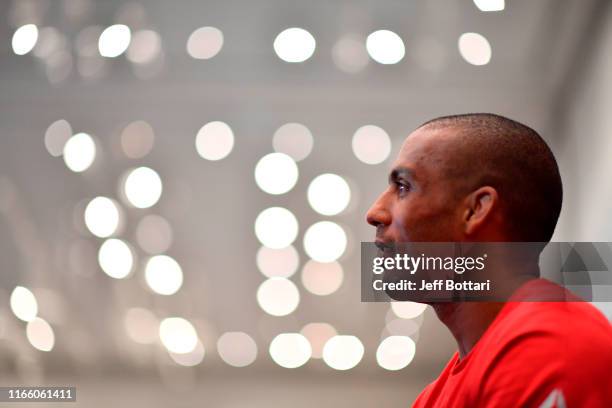 Edson Barboza of Brazil interacts with media during the UFC 242 Ultimate Media Day at the Yas Hotel on September 5, 2019 in Abu Dhabi, United Arab...