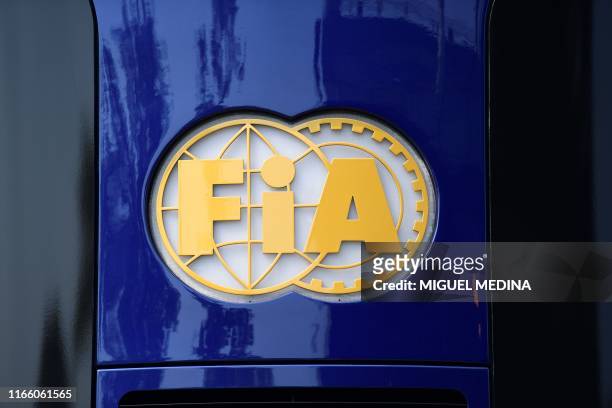 The logo of the FIA is pictured at the Autodromo Nazionale circuit in Monza on September 5, 2019 ahead of the Italian Formula One Grand Prix.