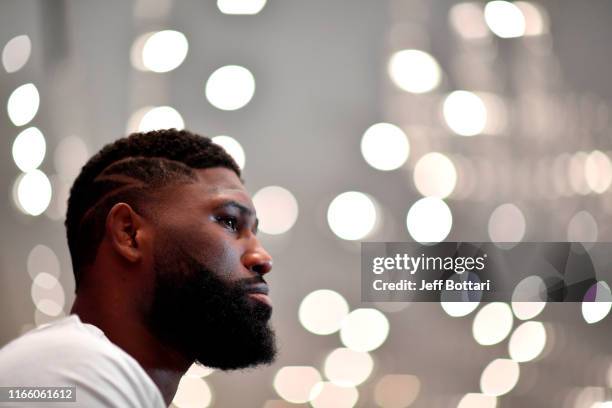 Curtis Blaydes interacts with media during the UFC 242 Ultimate Media Day at the Yas Hotel on September 5, 2019 in Abu Dhabi, United Arab Emirates.