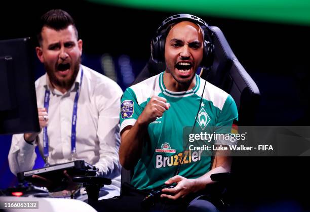 Mo Harkous of Germany celebrates scoring a goal in the FIFA eWorld Cup Final match against Mosaad Aldossary of Saudi Arabia during Finals day of the...