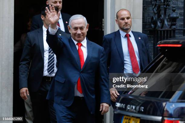 Benjamin Netanyahu, Israel's prime minister, departs following his bilateral meeting with U.K. Prime Minister Boris Johnson outside number 10 Downing...