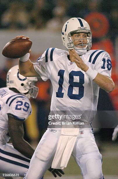 Indianapolis Colts quarterback Peyton Manning looks to pass against the New York Giants on September 10, 2006 at The Meadowlands in East Rutherford,...