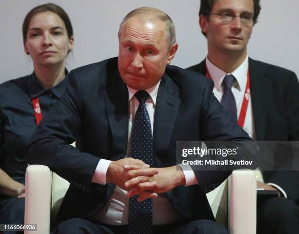 Russian President Vladimir Putin seen while visiting the Annual International Vladivostok Jigoro Junior Judo Tournament after the plenary meeting of...