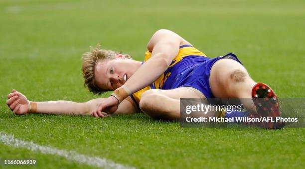 Jackson Nelson of the Eagles lays concussed during the 2019 AFL First Elimination Final match between the West Coast Eagles and the Essendon Bombers...