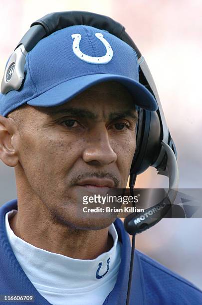 Indianapolis Colts head coach Tony Dungy walks the sidelines versus the New York Jets at Giants Stadium, East Rutherford, New Jersey, October 1,...