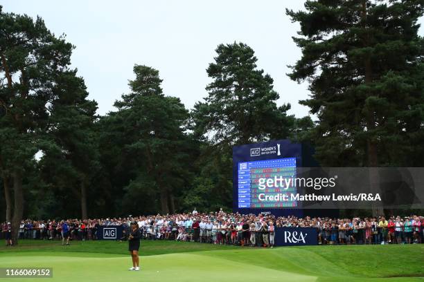 Lizette Salas of the United States of America reacts after a missed birdie attempt on the 18th green during Day Four of the AIG Women's British Open...