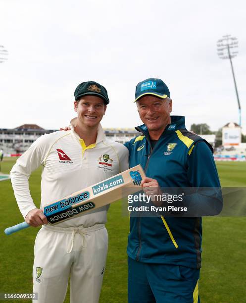 Steve Smith of Australia and Steve Waugh, Former Australian Test Captain and current Australian Team Mentor, pose at stumps after Smith scored his...