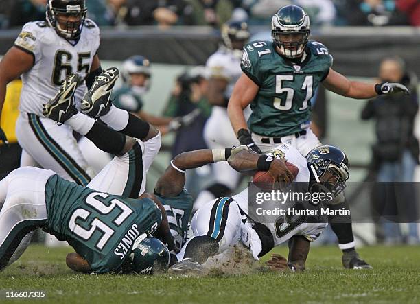 Jaguar quarterback David Garrard is sacked by Eagles linebacker Dhani Jones during the game between the Philadelphia Eagles and the Jacksonville...