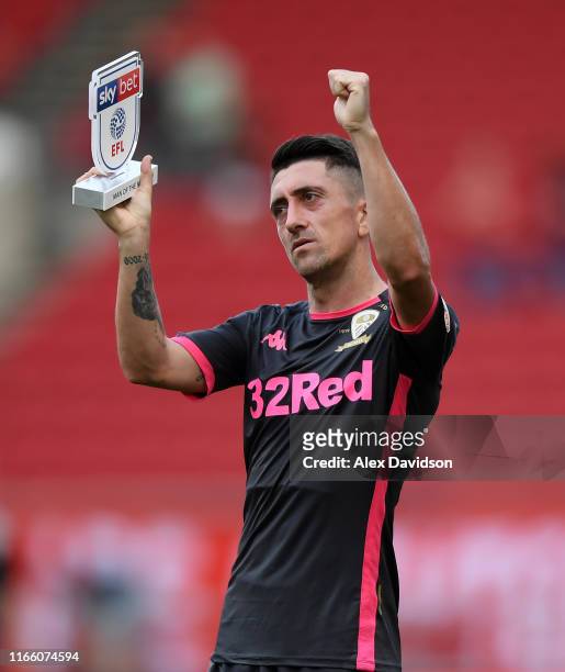 Pablo Hernandez of Leeds United holds his man of the match award during the Sky Bet Championship match between Bristol City and Leeds United at...