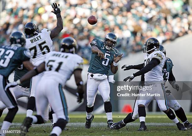 Eagles quarterback Donovan McNabb throws a pass during the game between the Philadelphia Eagles and the Jacksonville Jaguars at Lincoln Financial...