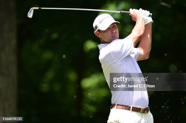 Shawn Stefani plays his shot from the second tee during the final round of the Wyndham Championship at Sedgefield Country Club on August 04, 2019 in...