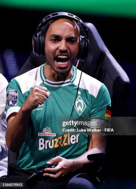 Mo Harkous of Germany celebrates in the FIFA eWorld Cup Final match against Mosaad Aldossary of Saudi Arabia during Finals day of the FIFA eWorld Cup...