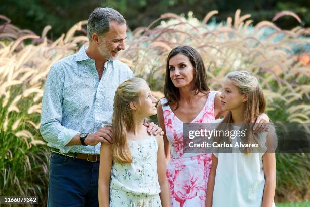 King Felipe VI of Spain, Queen Letizia of Spain, Princess Leonor of Spain and Princess Sofia of Spain pose for the photographers during the summer...