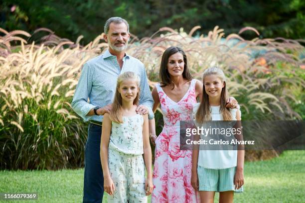 King Felipe VI of Spain, Queen Letizia of Spain, Princess Leonor of Spain and Princess Sofia of Spain pose for the photographers during the summer...