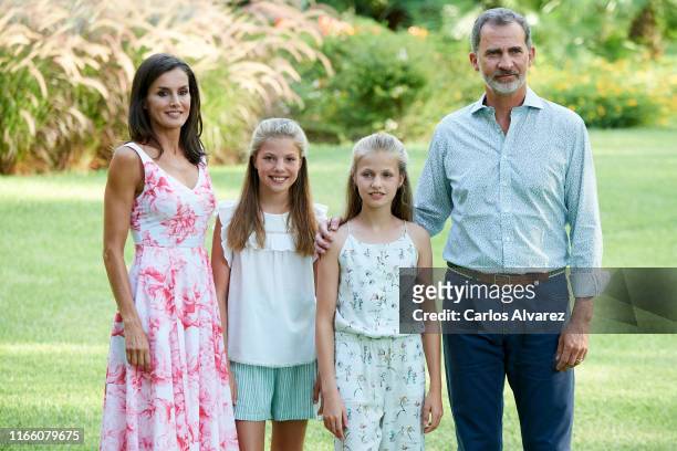 King Felipe VI of Spain, Queen Letizia of Spain, Princess Leonor of Spain and Princess Sofia of Spain pose for the photographers during the summer...