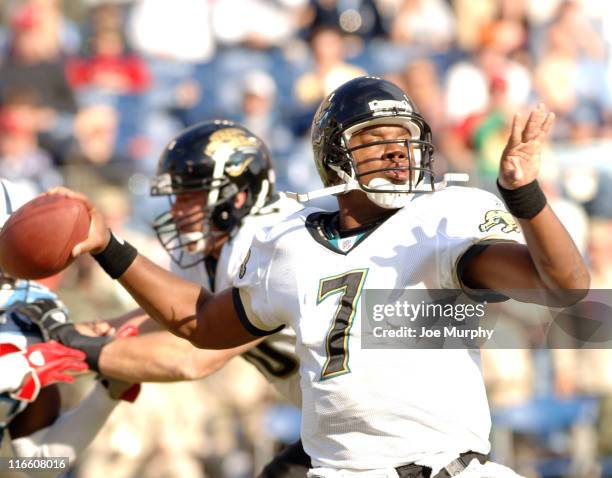 Jacksonville's Byron Leftwich throws during first half versus Tennessee at Nashville, Tennessee, Nov. 20, 2005.