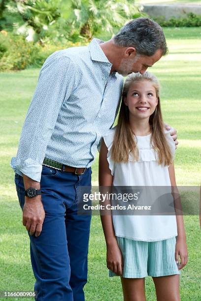 King Felipe VI of Spain and Princess Sofia of Spain pose for the photographers during the summer photocall at the Marivent Palace on August 04, 2019...