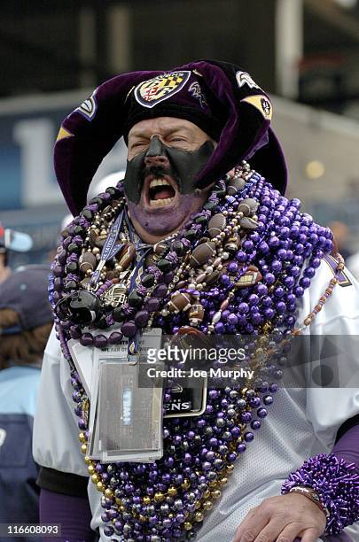 Ravens fan cheers during 2nd half action versus Tennessee at LP Field, Nashville, Tennessee, November 12, 2006. The Ravens came from behind to defeat...