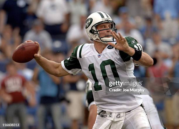 Jets Chad Pennington looks to throw downfield during second half action as the New York Jets beat the Tennessee Titans 23-16 on September 10, 2006 at...