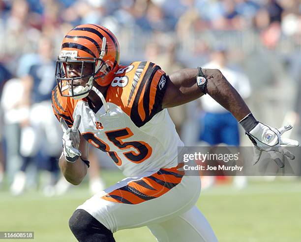 Bengals Chad Johnson runs downfield during first half action between the Cincinnati Bengals and the Tennessee Titans at The Coliseum in Nashville,...