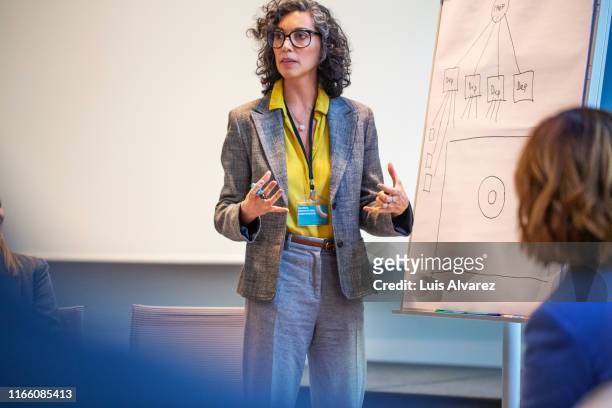 female professional giving a presentation in a seminar - announcement fotografías e imágenes de stock