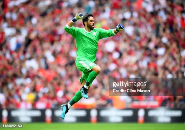 Claudio Bravo of Manchester City celebrates his team's first goal during the FA Community Shield match at Wembley Stadium on August 04, 2019 in...