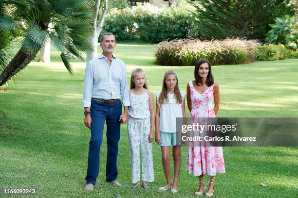 King Felipe VI of Spain, Queen Letizia of Spain, Princess Leonor of Spain and Princess Sofia of Spain pose for the photographers during the summer...