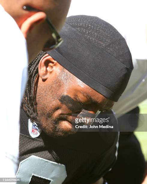 Oakland receiver Randy Moss grimaces in pain after being injured in the first quarter of the San Diego Chargers 27-14 defeat of the Oakland Raiders...