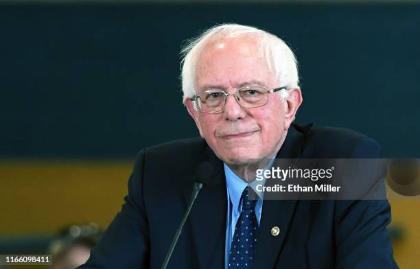 Democratic presidential candidate, U.S. Sen. Bernie Sanders speaks during a town hall on jobs and economic security at Cheyenne High School on August...