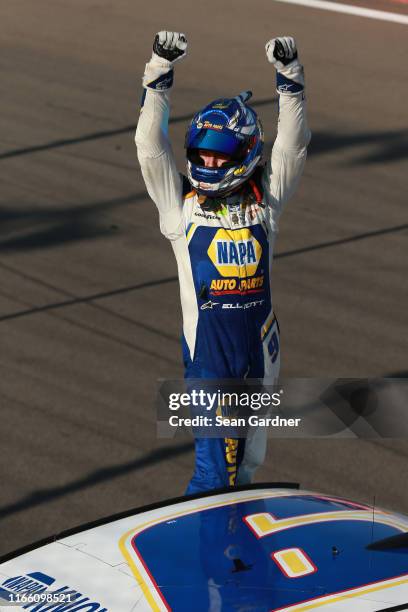 Chase Elliott, driver of the NAPA AUTO PARTS Chevrolet, celebrates after winning the Monster Energy NASCAR Cup Series Go Bowling at The Glen at...