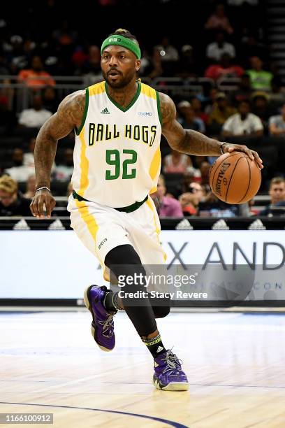 DeShawn Stevenson of the Ball Hogs dribbles the ball in the first half against the Trilogy during BIG3 - Week Seven at Fiserv Forum on August 04,...